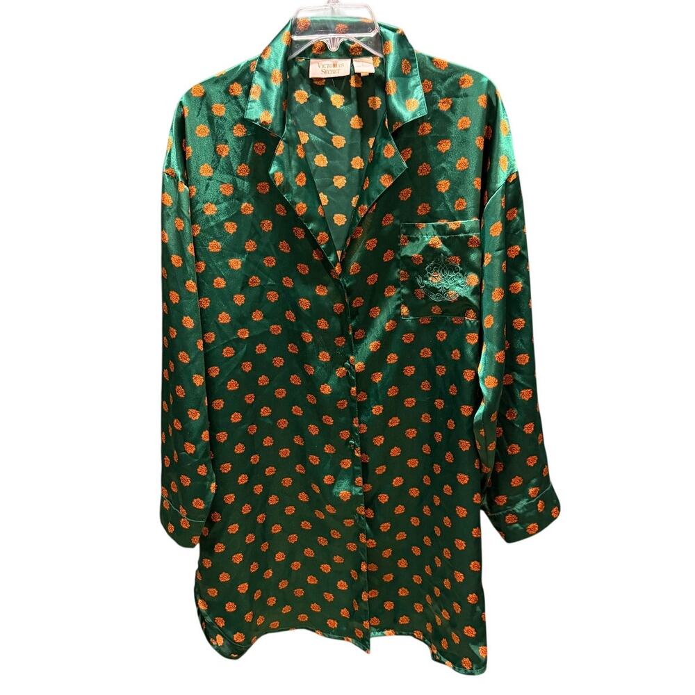 Victoria Secret Vintage Pajama Top Green Satin Shirt  Gold Label Collection